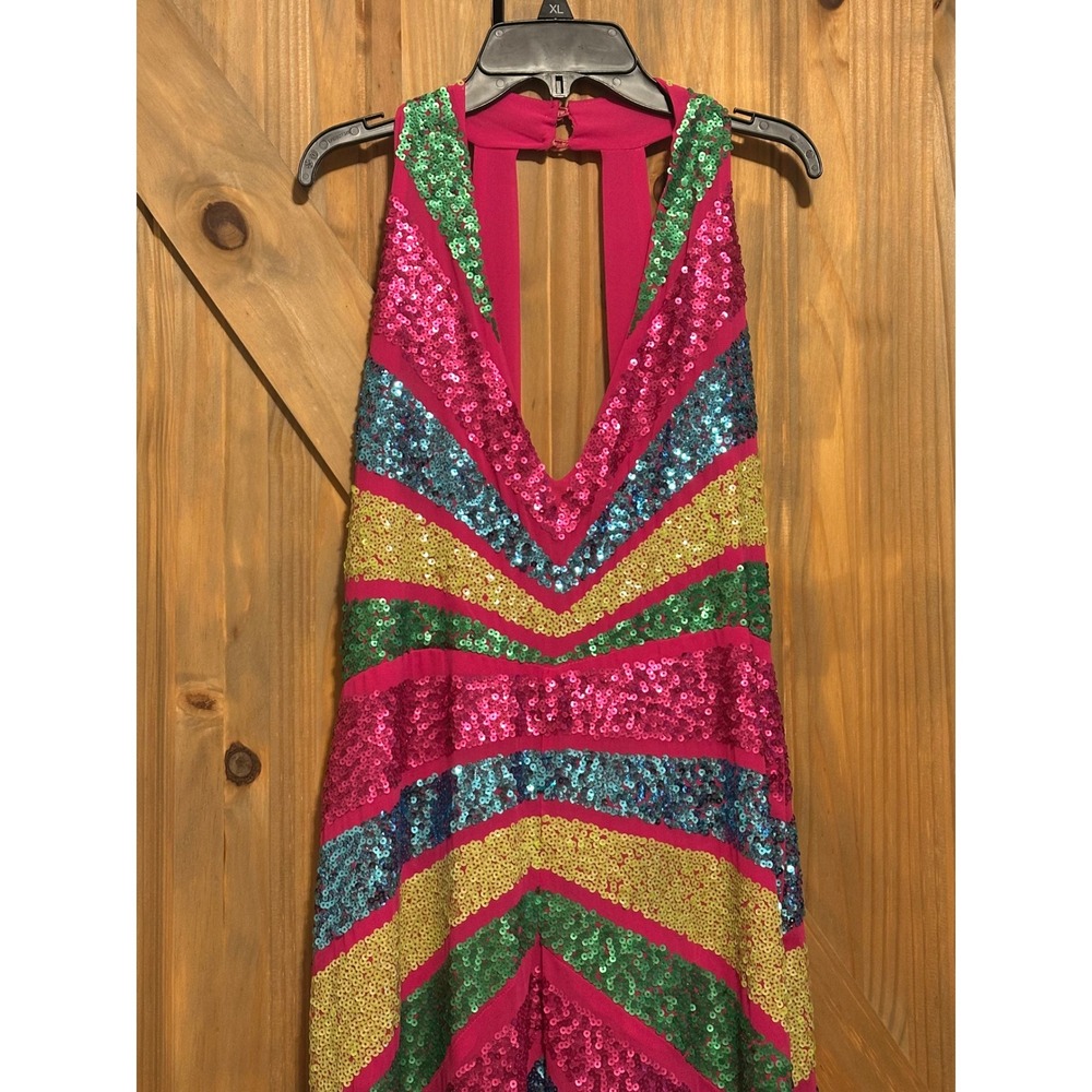 Nasty Gal Embellished Colour Block Plunge Jumpsuit Hot Pink Sequin Multi Size 8 - Picture 2 of 11